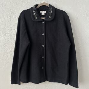 Vintage 100% Wool Embroidered Collar Cardigan Sweater Black Cottagecore Large